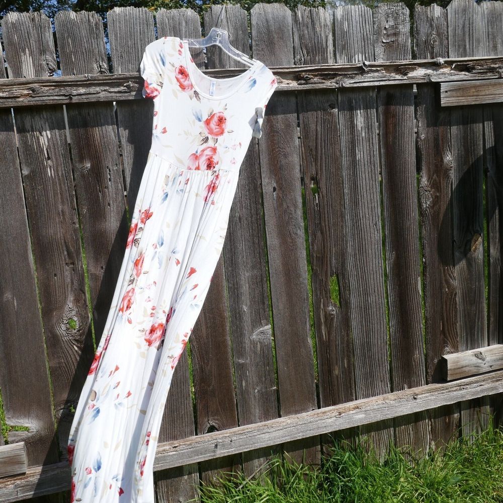 Dearcase Stretch Maxi Dress White Floral Small NWOT Pockets Rayon Blend - Picture 3 of 10